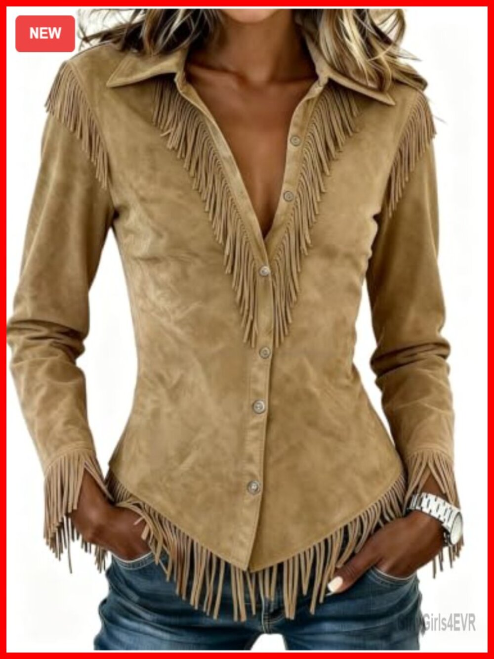 Faux Suede Western Fringe Button Down Shirt Slim Fit Blouse